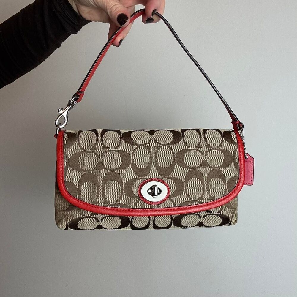 Coach Vintage Y2K Brown and Red Mini Signature Monogram C Canvas Shoulder Bag